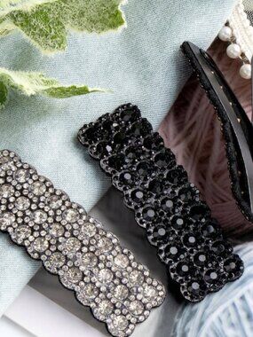 Black & Silver Rhinestone Crystal Hair Clips Set of 4